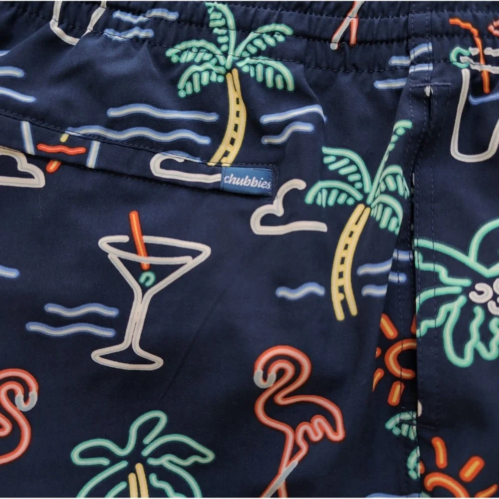 Chubbies The Neon Lights Swim Trunks Mens 3XL Navy Flamingo Palm Tree Stretch